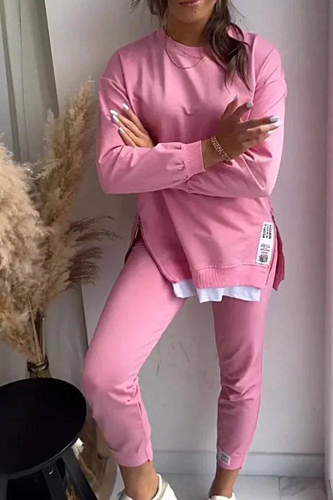 Women's Fashion Side Slit Fake Two-piece Top & Pants Two-piece Set