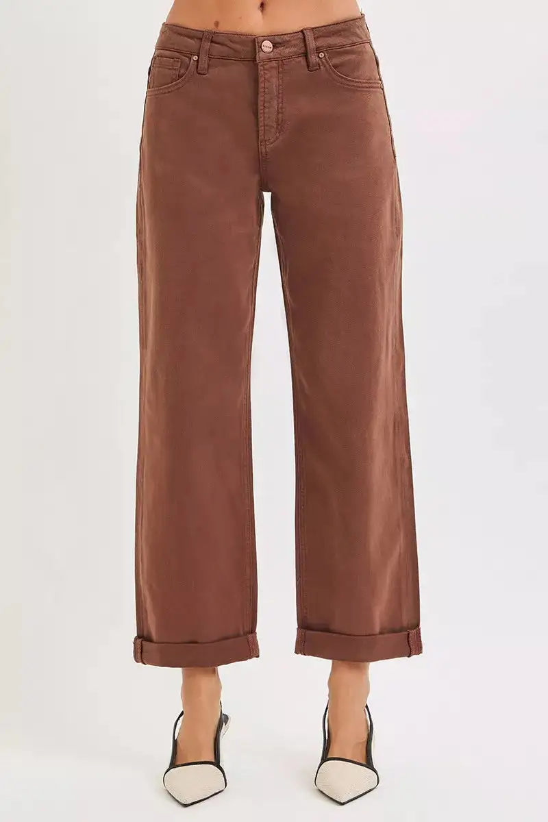 Modern Mid Rise Cuffed Hem Wide Leg Jeans