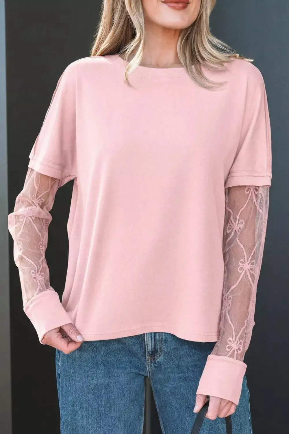 Bow Textured Patchwork Long Sleeve Tee