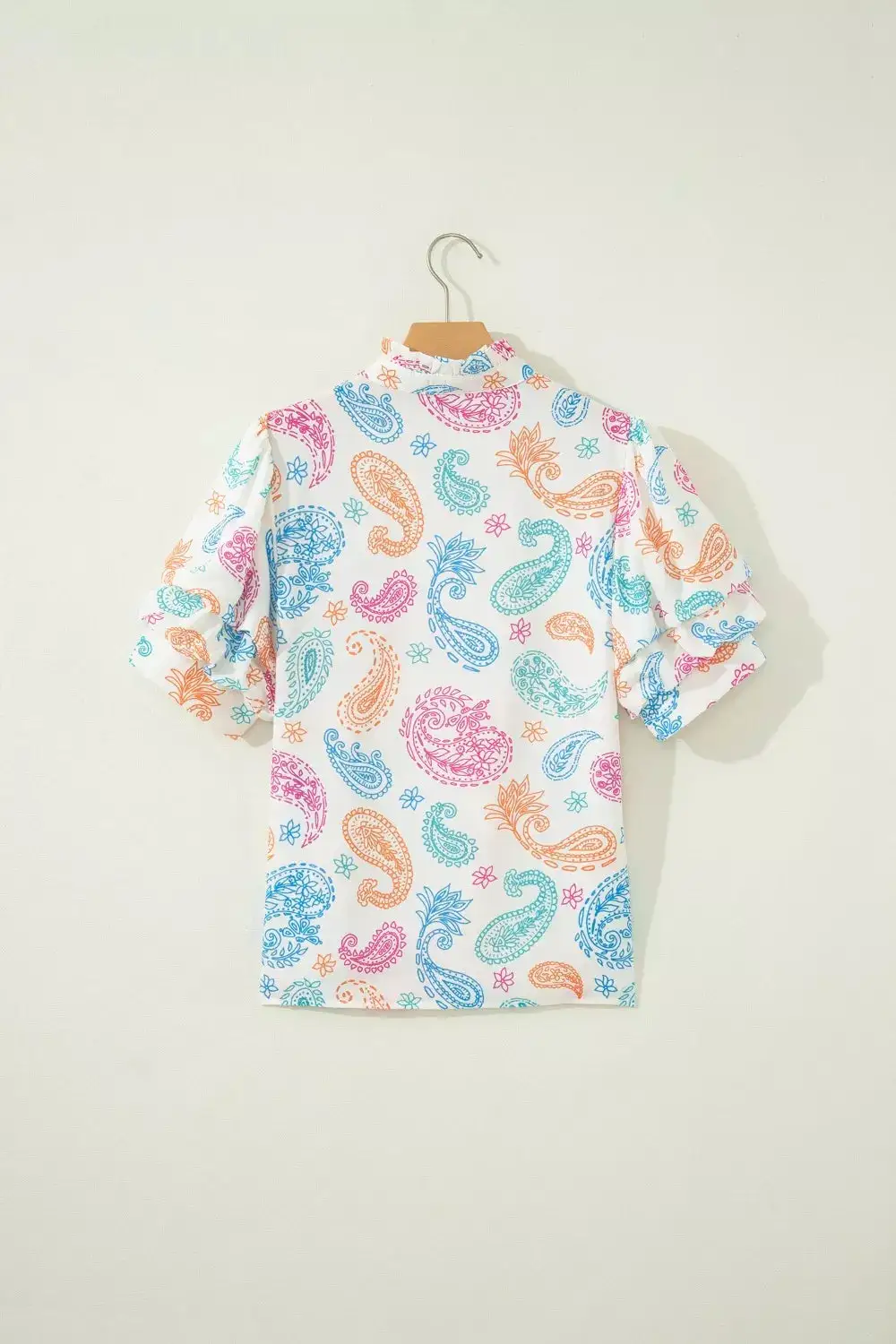 Button Front Puff Sleeve Paisley Blouse