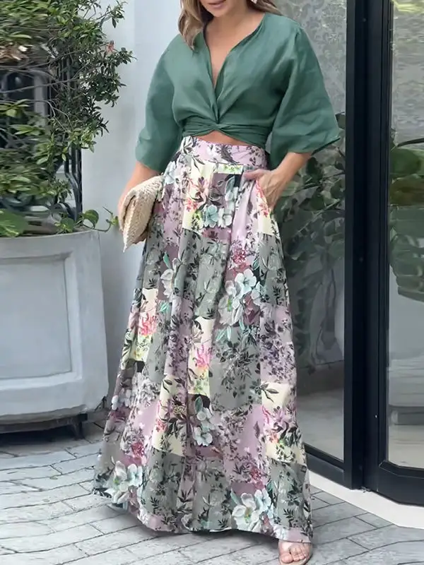 Wide Leg Floral Print Blouse And Pants Set