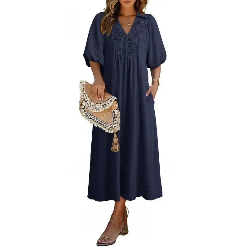 Casual V-neck puff-sleeve high-waist A-line long summer dress