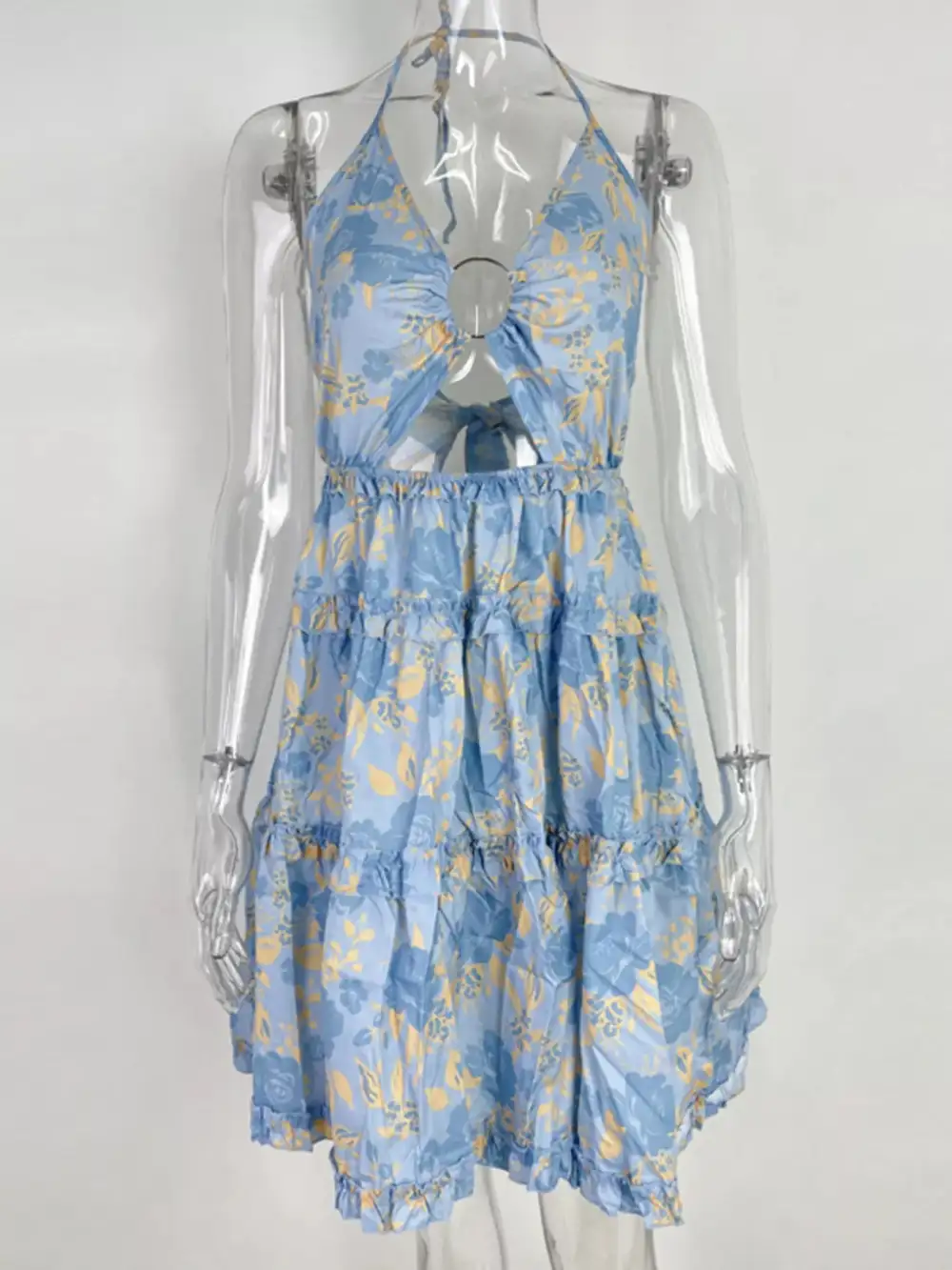 Colorful Print Halter Neck Ruffle Mini Dress