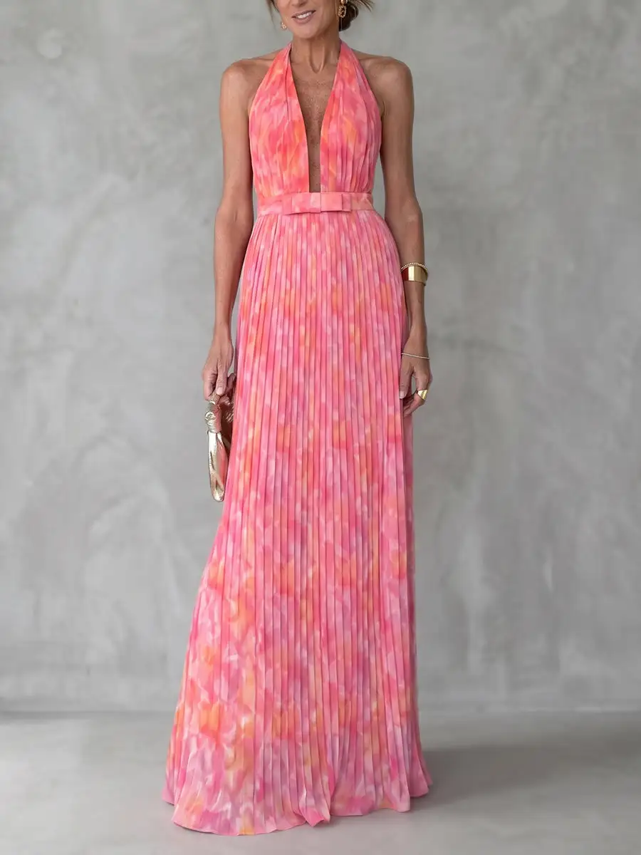 High Pleated Printed Neck Maxi Dress
