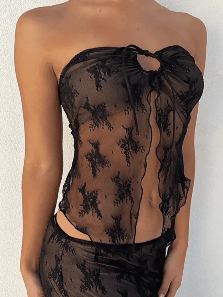 Slit Sheer Mesh Bandeau Tube Top