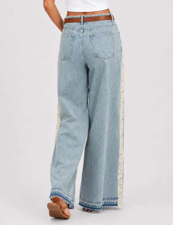 Lace Panel Washed Jeans Wide Leg Denim Pants