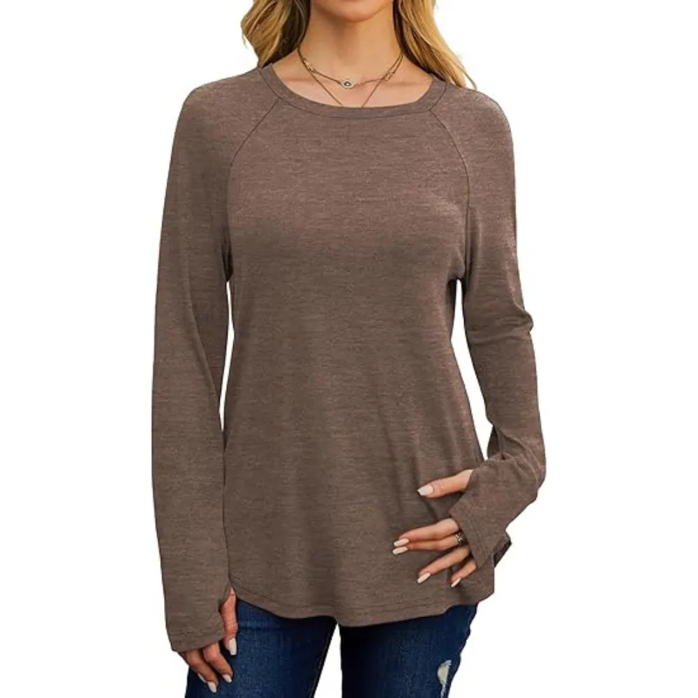 Womens Tunic Tops to Wear with Leggings Long Sleeve Thumb Hole Shirts Crew Neck Curved Hem