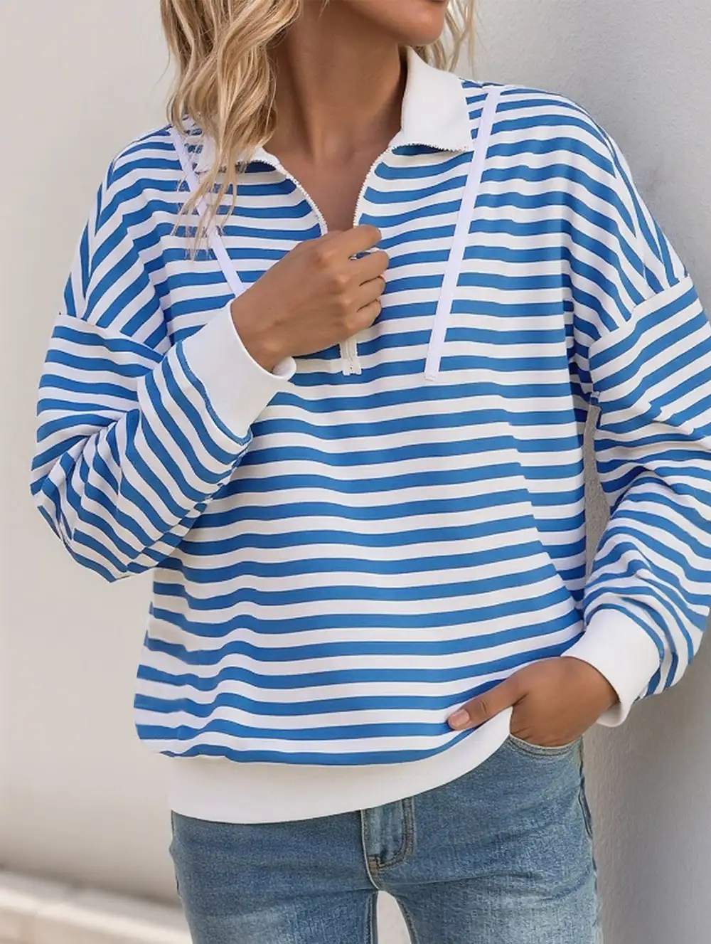 Striped Button Collar Sweatshirt