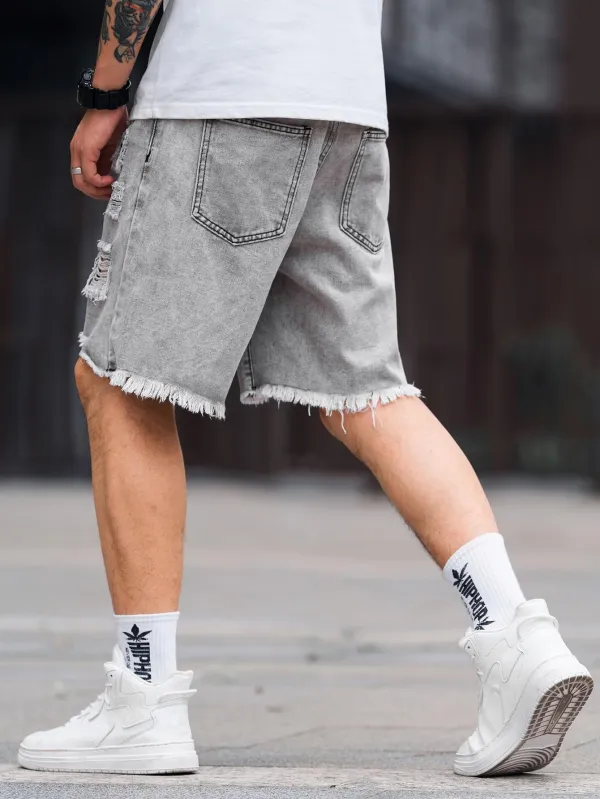 Men's Ripped Denim Shorts In Light Grey