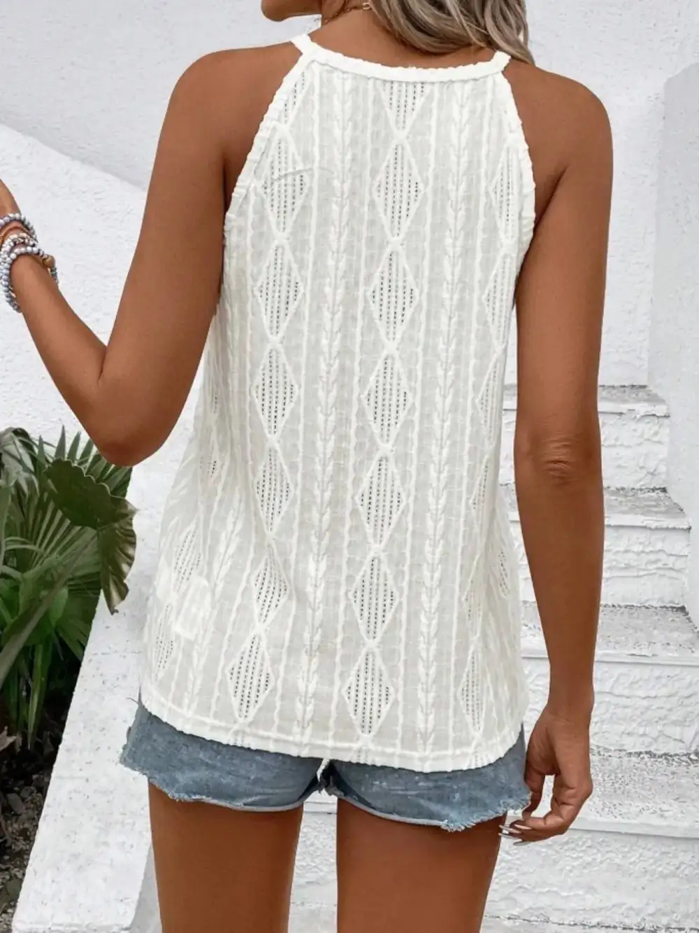 Round Neck Eyelet Textured