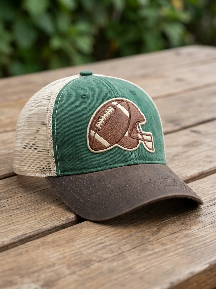 Men's American Football Fan Leather Helmet Patch Mesh Trucker Hat