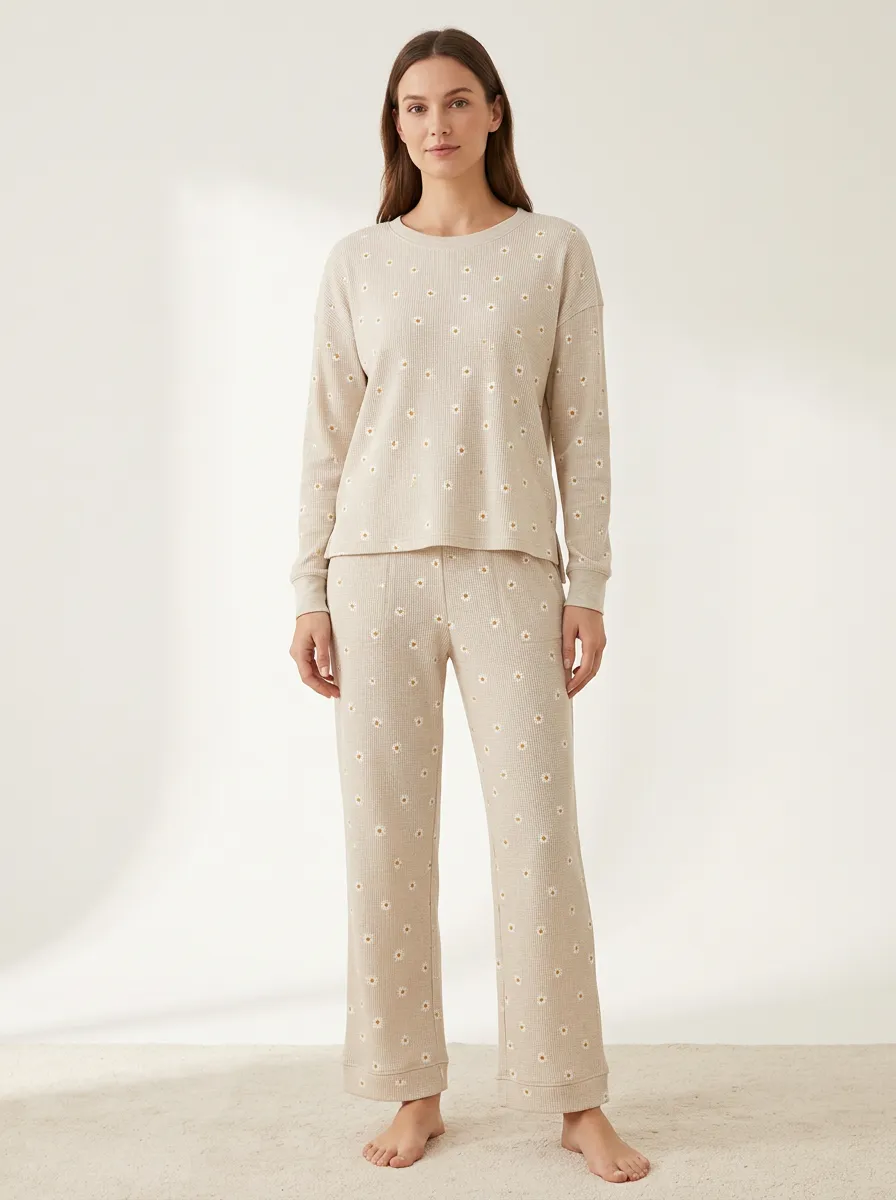Women's Daisy Waffle-Texture Side-Vent Lounge Set
