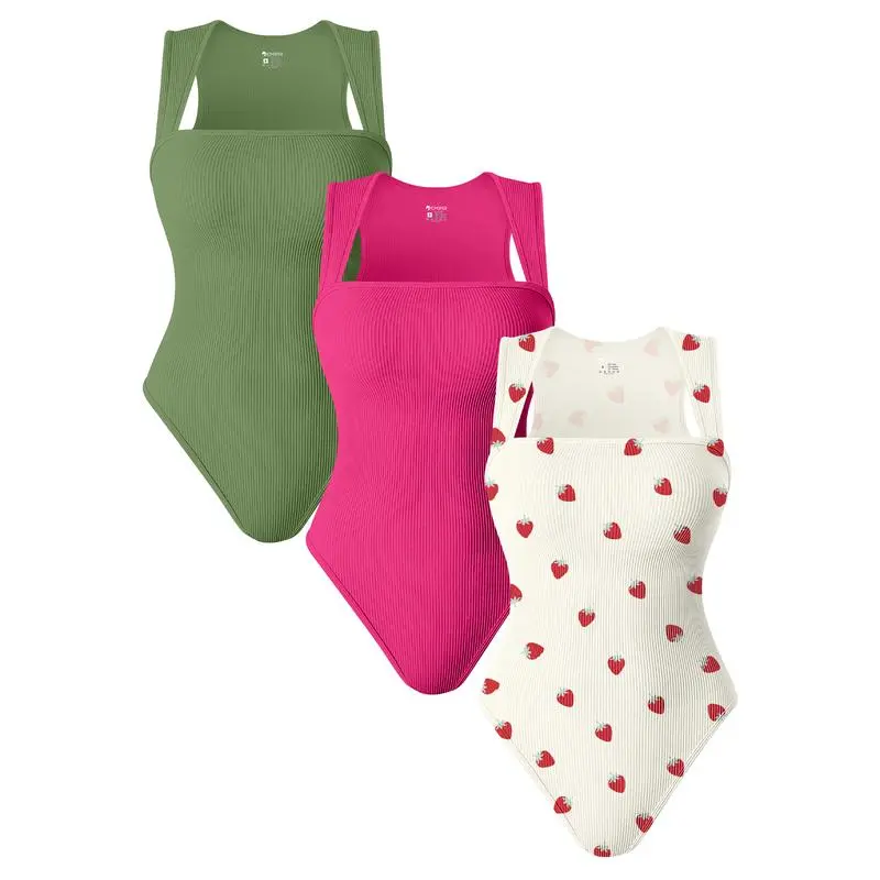 Womenswear 3 Piece Bodysuits Stretchy Underwear Sexy Ribbed Square Neck Sleeveless Stretchy Tank Tops Bodysuits Soft Lady