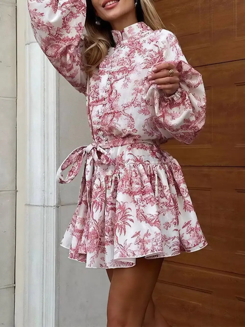 Layered Detail Printed Tie Waist Dress