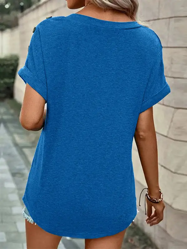 Relaxed Short Sleeve Button Detail V-Neck Polyester T-Shirt