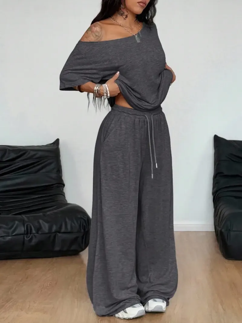 🔥Hot Sale💥Women's Off-Shoulder T-Shirt And Wide-Leg Pants Two-Piece Set🔥8-SETS- All Colors Included