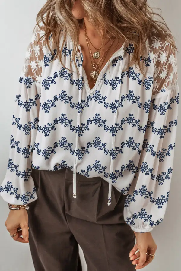 Floral Embroidered Lace Trim Blouse