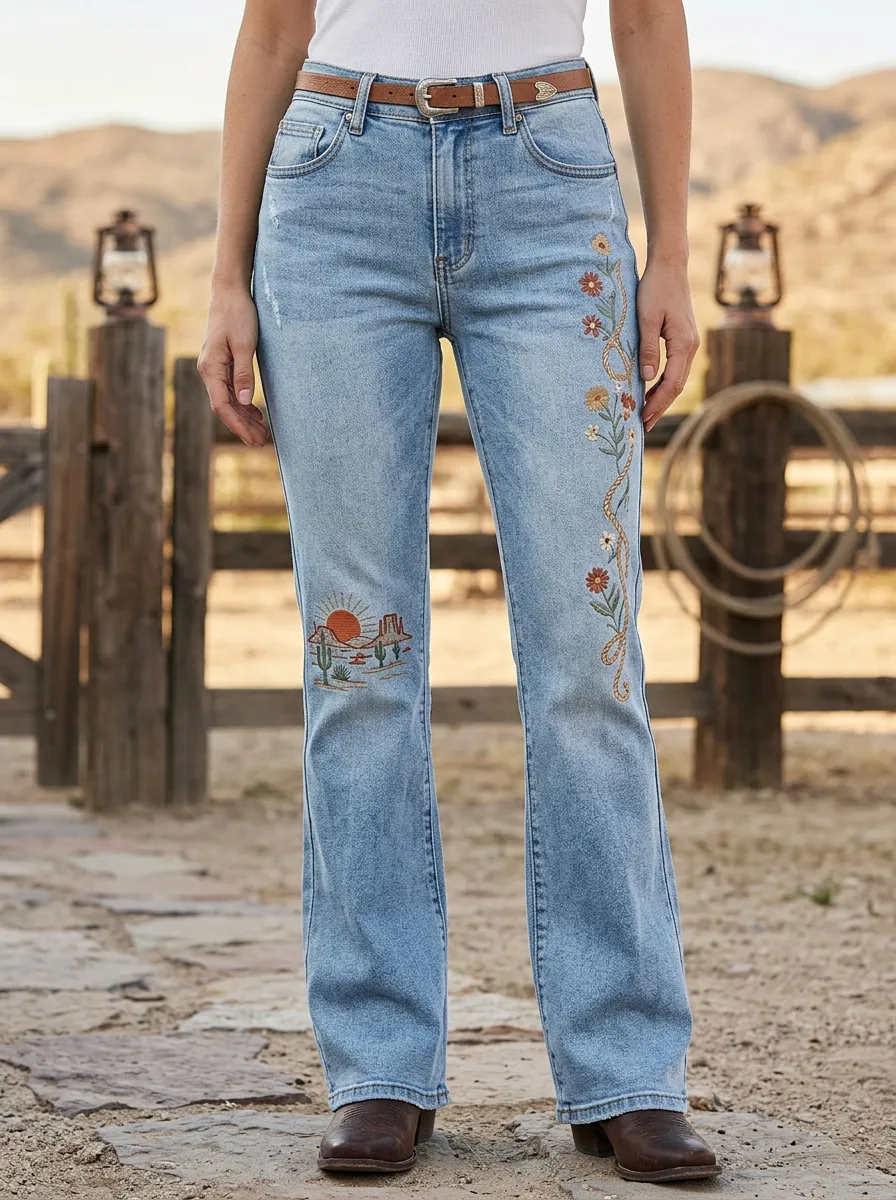 Women's Classic Western Cactus Desert Floral Embroidery Floral Embroidered Jeans