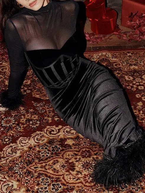 Mesh Patchwork Velvet Corset Midi Dress