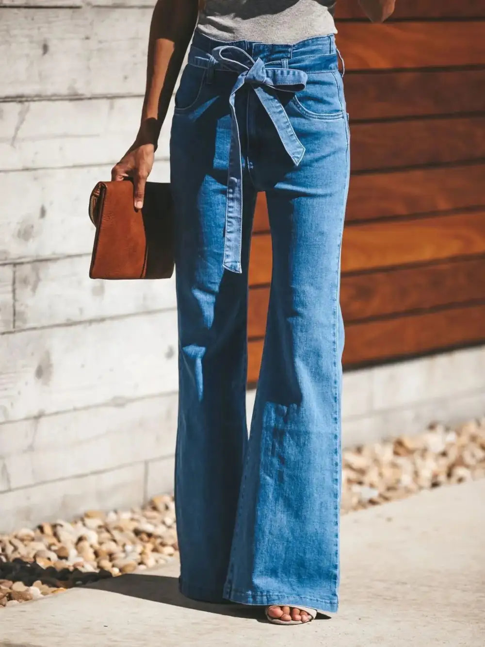 High Waisted Tie Front Flared Denim Jeans