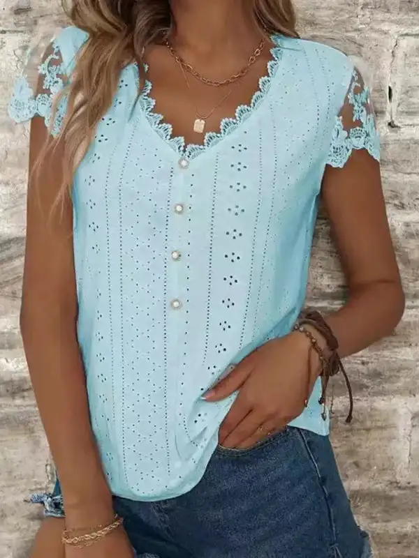 Relaxed Short Sleeve Button Detail Cutout Mesh Panel Detail V-Neck T-Shirt