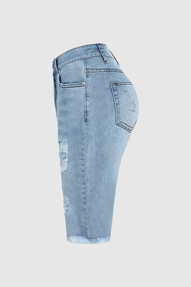 Ripped Raw Hem Denim Bermuda Shorts