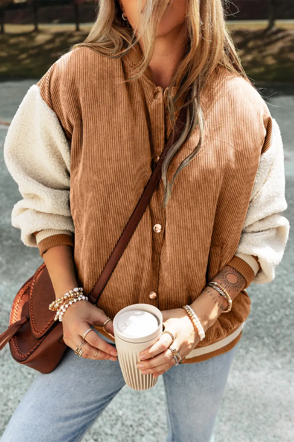 Buckskin Corduroy Fleece Patchwork Button Bomber Jacket