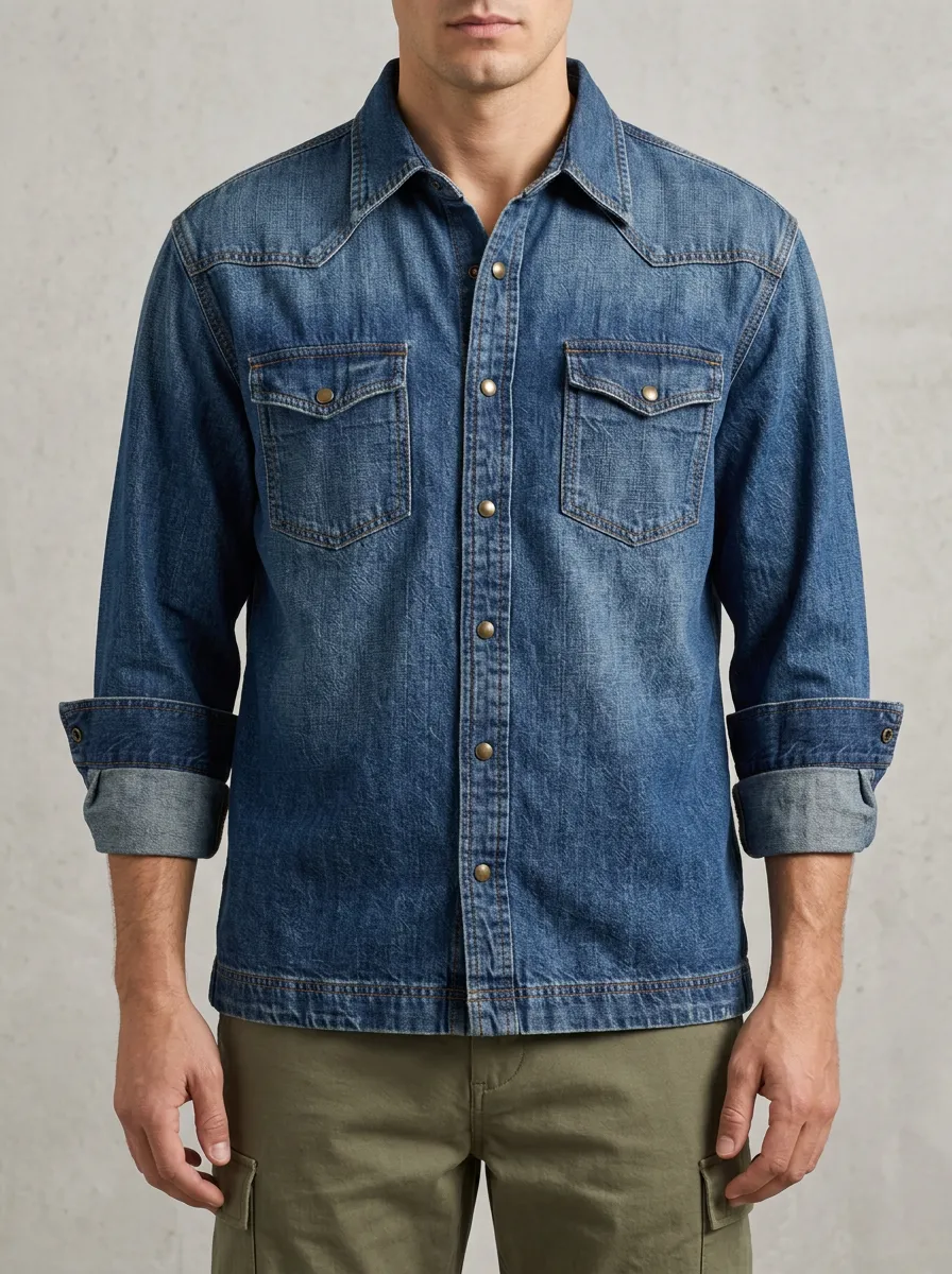 Vintage-Washed Denim Shirt with Button-Front Closure