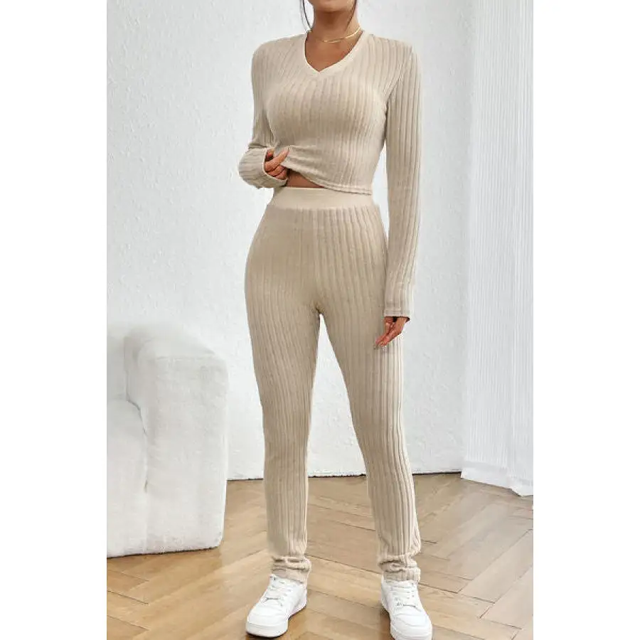 Ribbed V Neck Long Sleeve Cropped Top and Pants Set