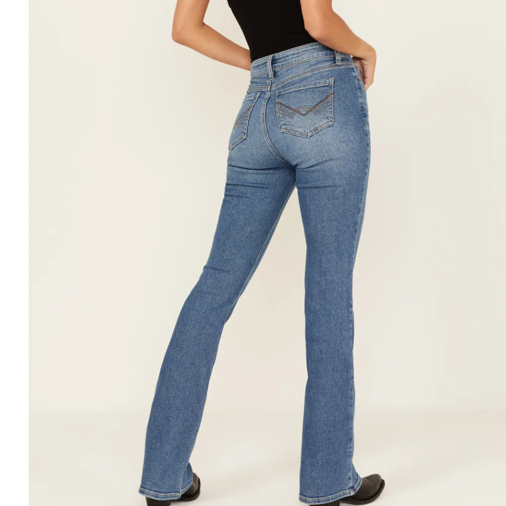 Structured High Rise Bootcut Stretch Denim Embroidered Jeans