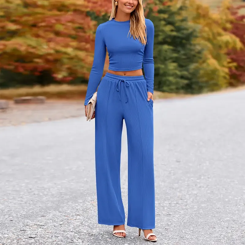 Women's 2-Piece Ribbed Knit Long Sleeve Crop Top Wide Leg Pants Matching Lounge Set Loungewear