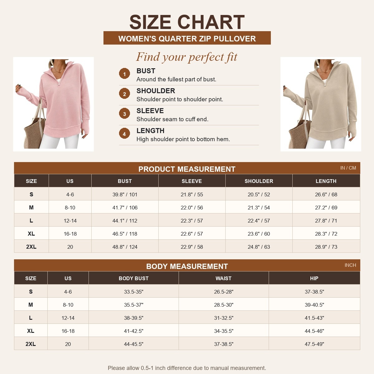 US size chart S to 2XL for quarter zip pullover sweater