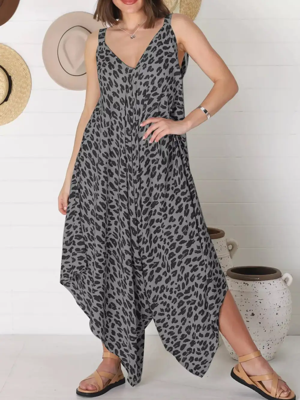 Plus Size Leopard Print V Neck Jumpsuit