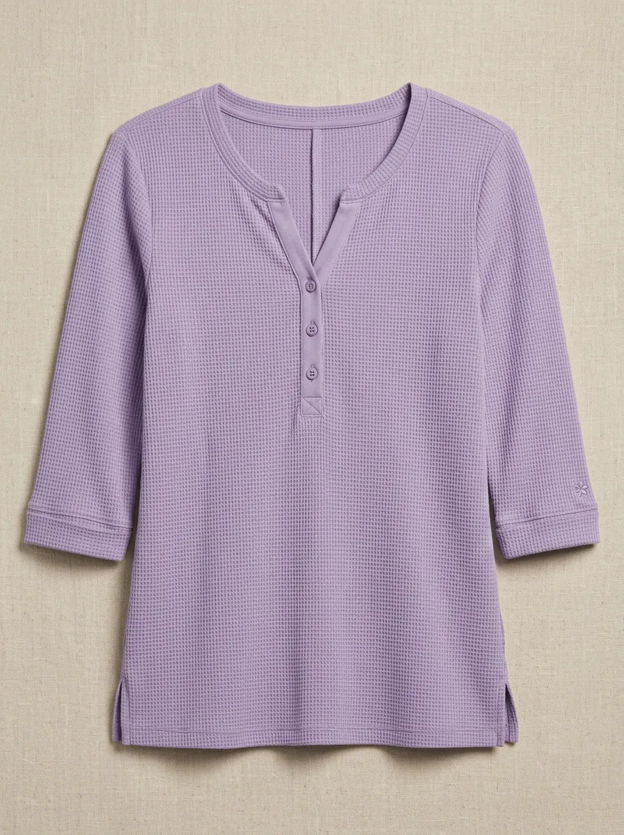 Women's Lavender Waffle Knit Button Henley Top