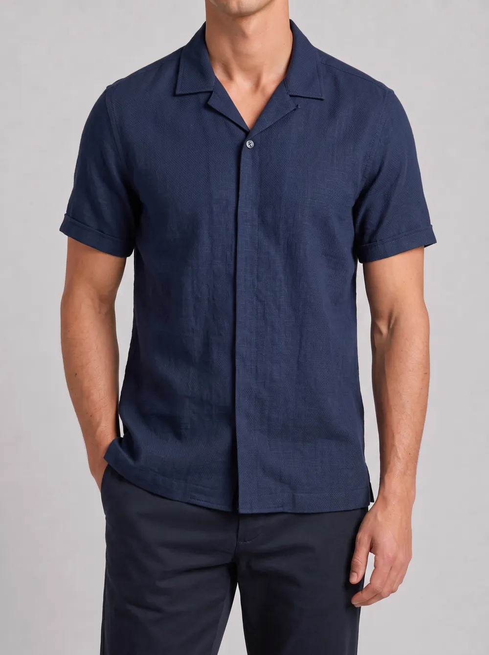 Men's Casual Summer Navy Blue Cuban Collar Short Sleeve Shirt