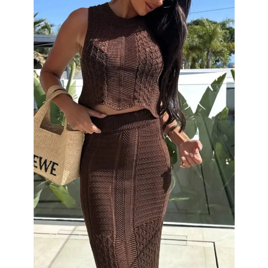 Openwork Round Neck Top and Slit Skirt Sweater Set