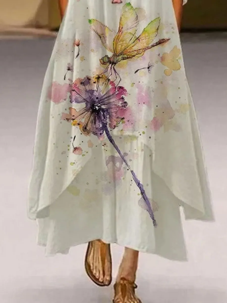 Round Neck Dandelion Print Loose Long Sleeve Maxi Dress