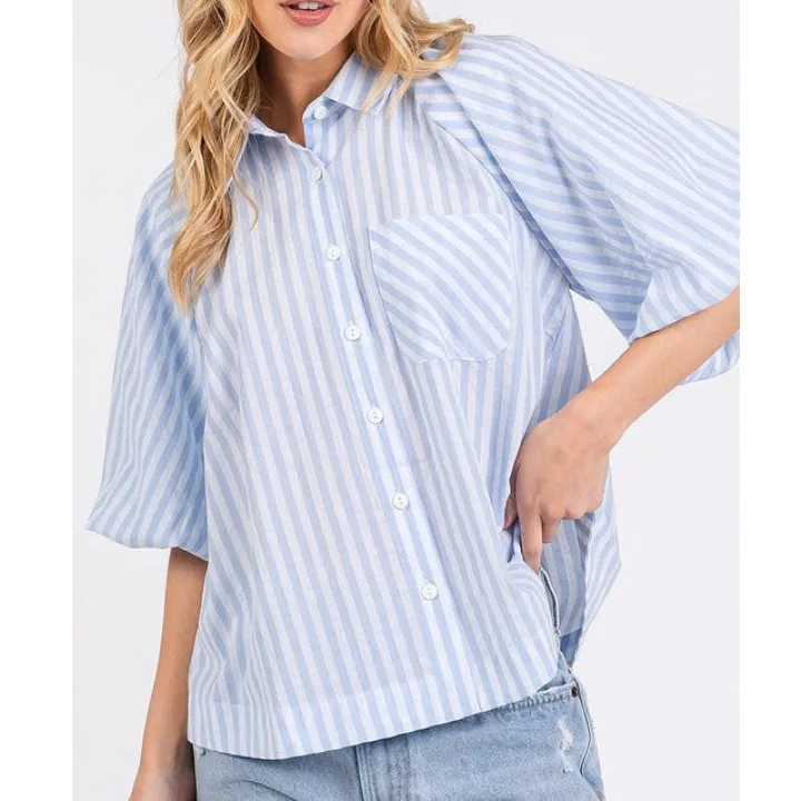Button Down Striped Puff Sleeve Shirt