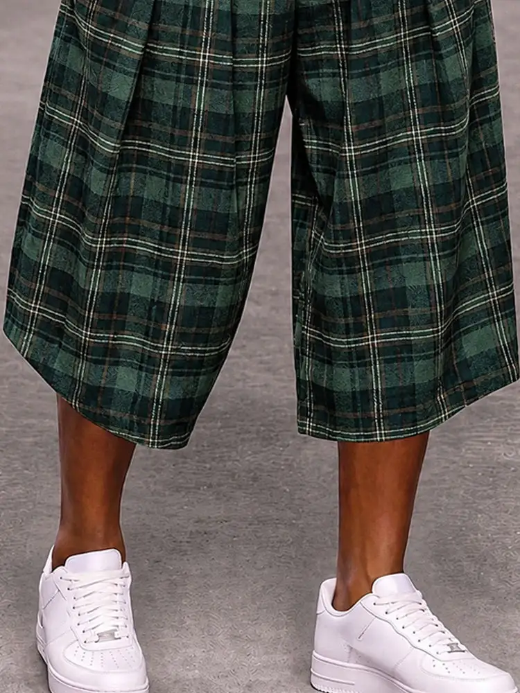 Men's Fashion Plaided Wide Leg Cropped Pants Shorts