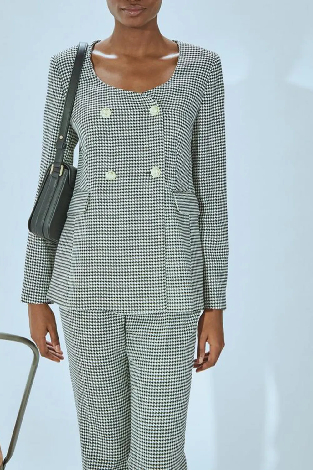 Black Cream Checkered Bow Detail Short Coat