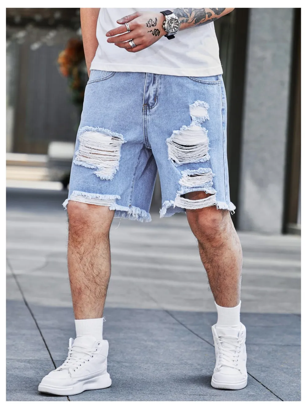 Men's Ripped Denim Shorts In Light Blue