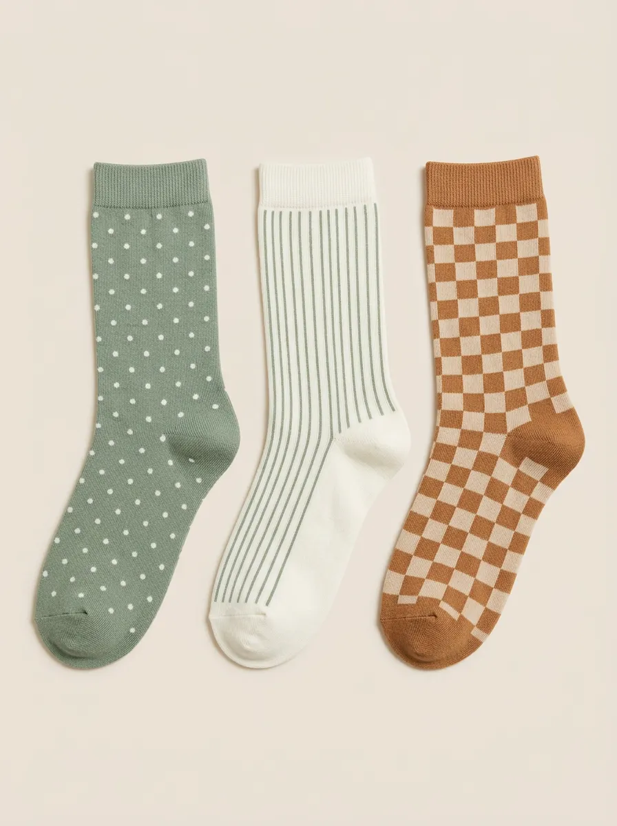 Cozy Polka Dot Striped Checkerboard Three Pair Sock Set