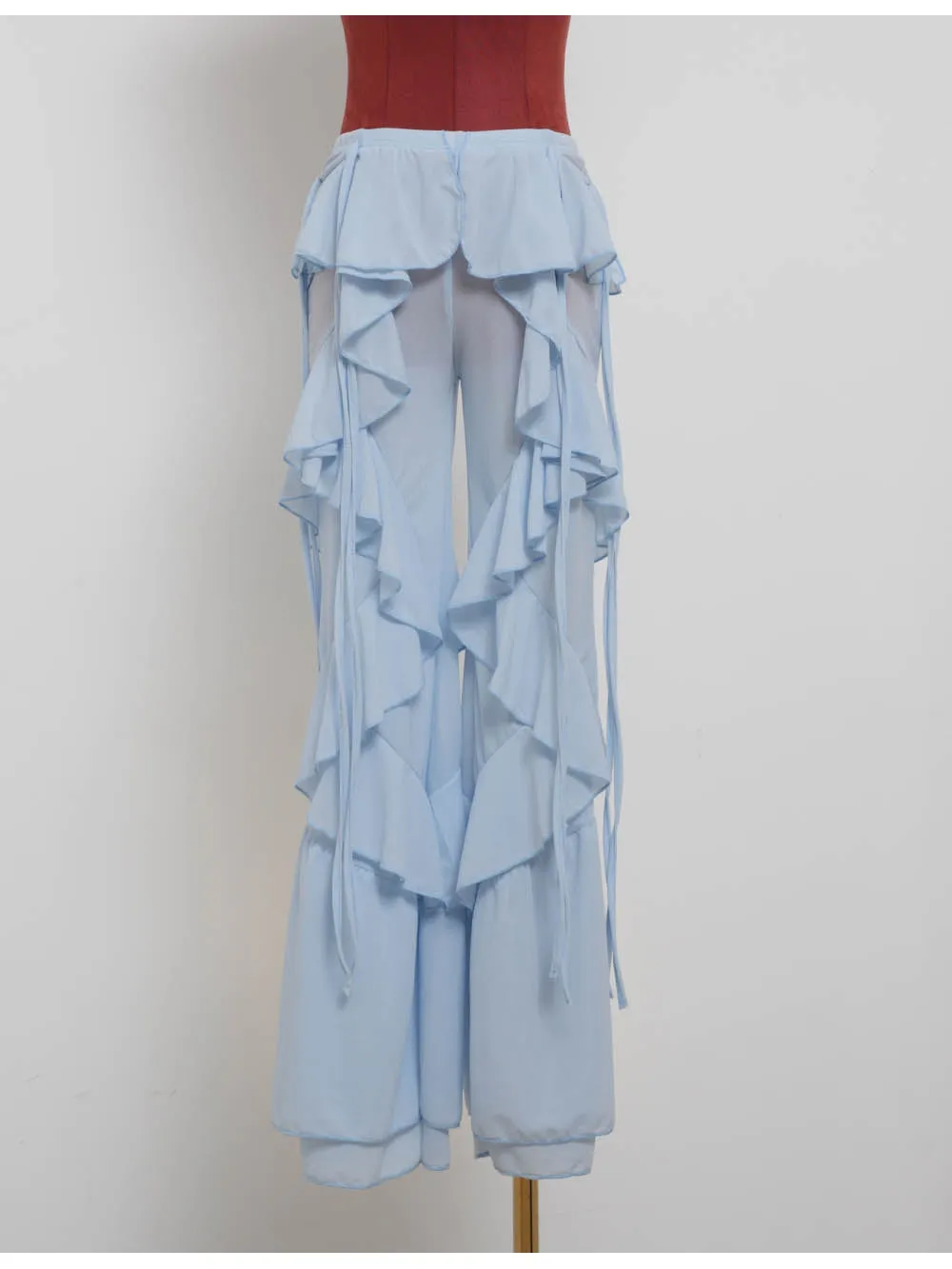 Boho Sheer Ruffle Elastic Waist Flared Leg Pants