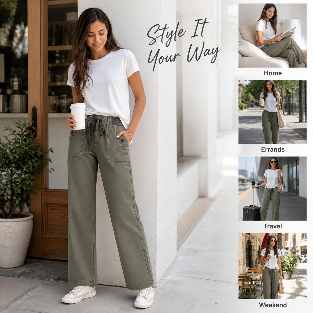 Women's solid seam detail drawstring mid-rise straight-leg pants detail