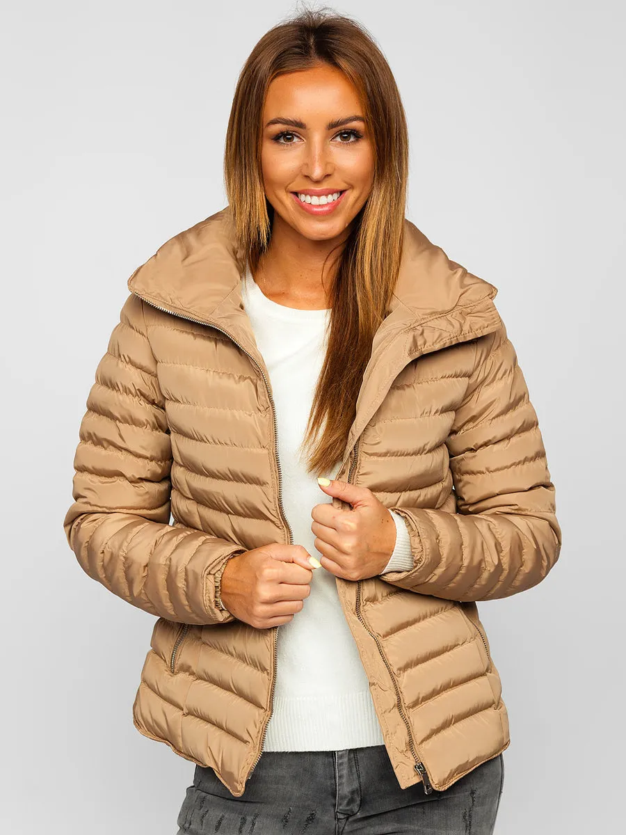 Women's Brown Quilted Winter Jacket Without Hood