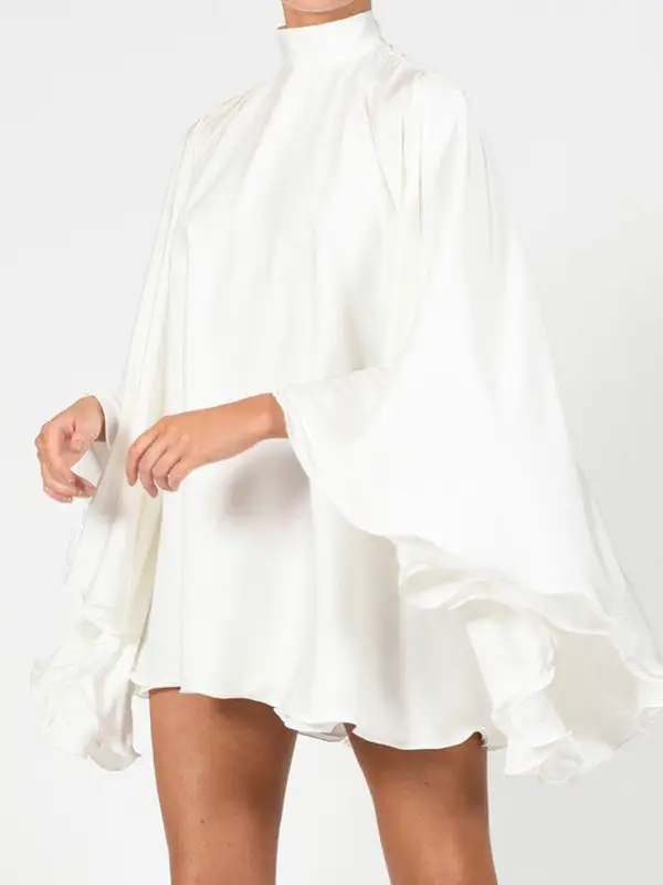Solid Color High Neck Backless Flared Sleeve Mini Dress
