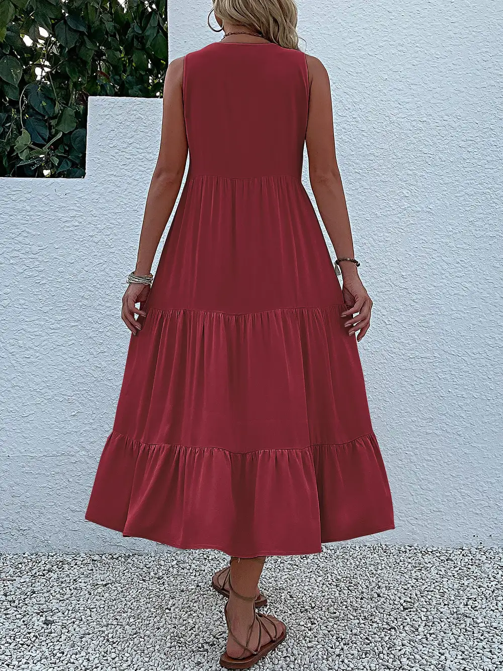 Notch-Neck Buttoned Sleeveless Tiered Midi Dress