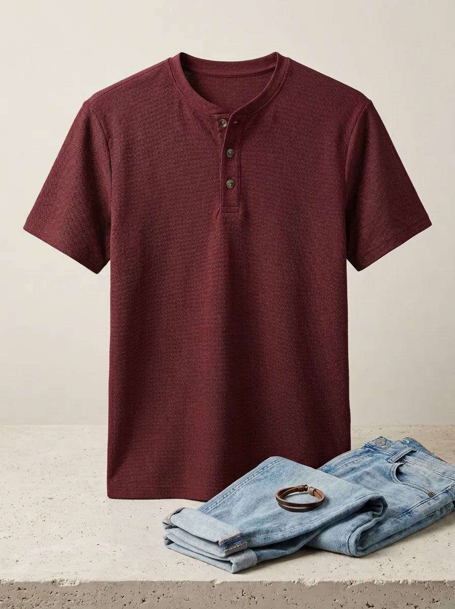Waffle-Knit Button-Placket Men's Short-Sleeve Henley Shirt
