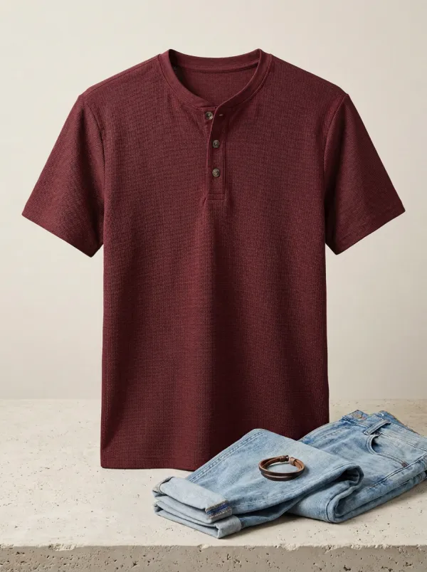 Waffle-Knit Button-Placket Men's Short-Sleeve Henley Shirt