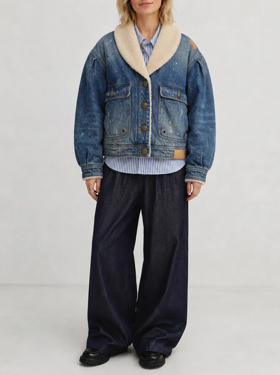 Women's Vintage Distressed Sherpa Collar Denim Jacket